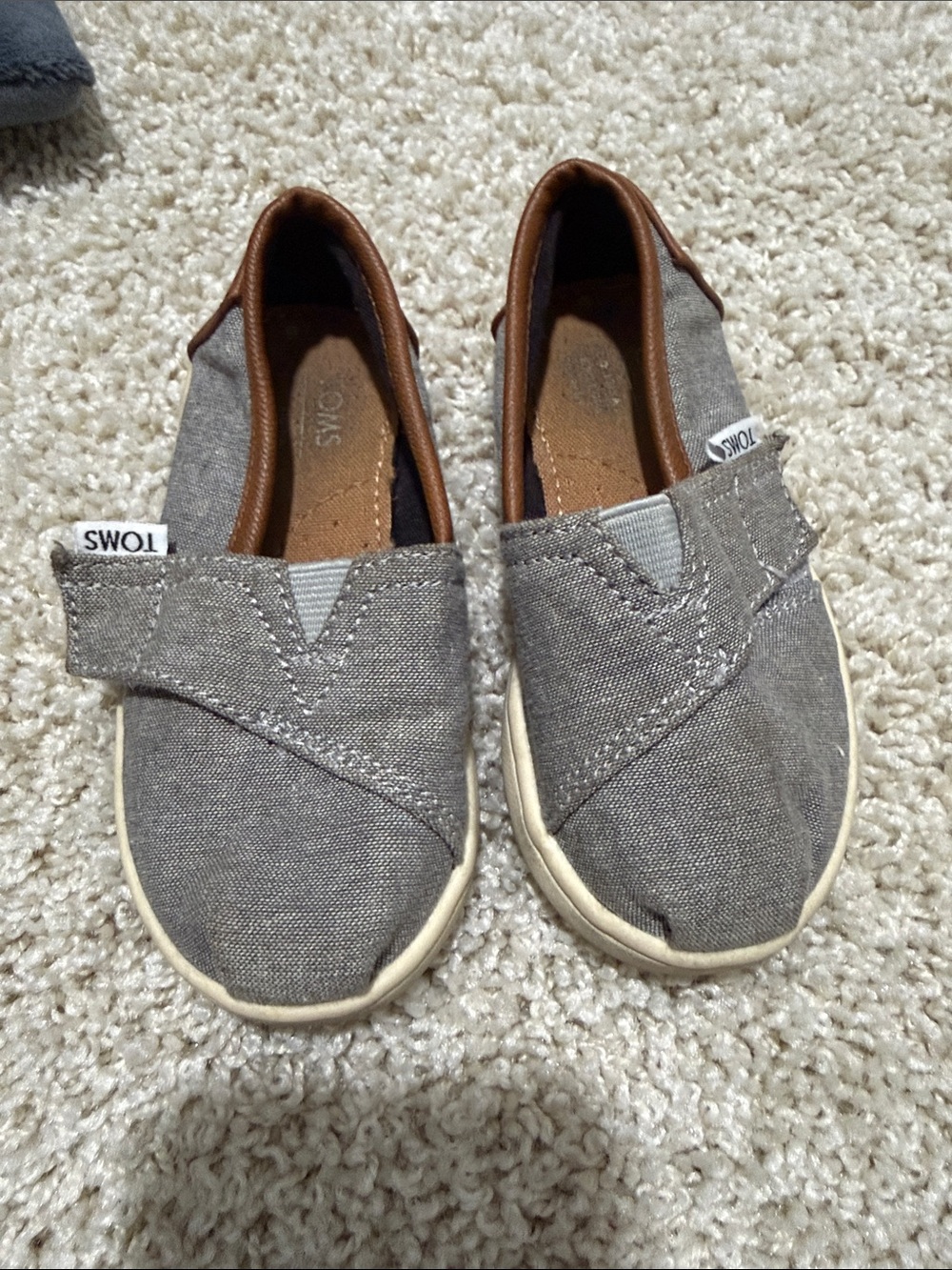 TOMS toddler 6c Grey Canvas Slip-On Sneakers with Brown Trim